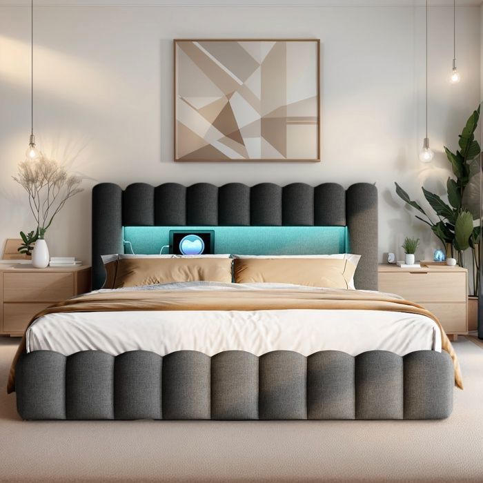 Cama con almacenamiento de 180 x 200 cm, cama de 180 x 200 cm con somier de láminas, con puerto USB y luz LED, cama doble, cama tapizada, estructura de cama, ropa de cama, gris