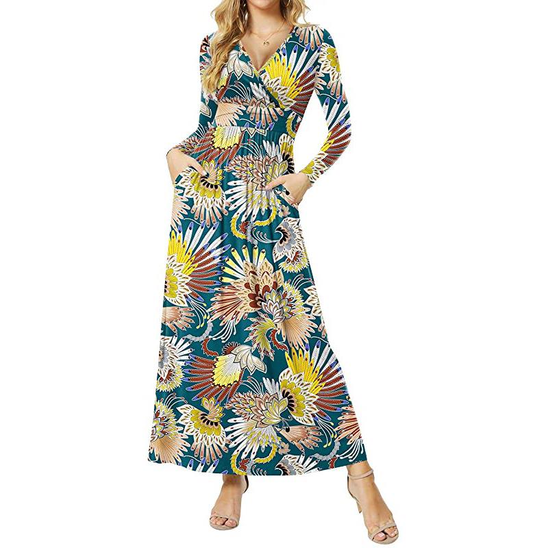 Robe longue décontractée à manches longues et décolleté en V profond pour femme, robe maxi plissée à taille haute avec poches