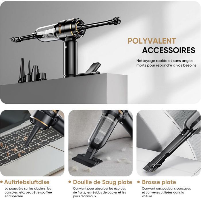Aspirateur à Main,16000 Pa Aspirateur Voiture Puissant sans Fil, Portable USB Rechargeable, pour Voiture Animaux Maison, Argent