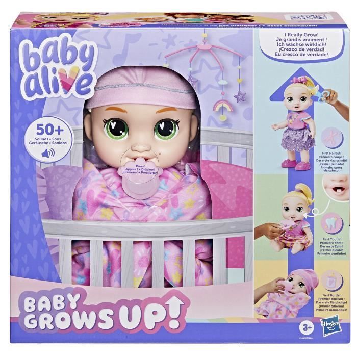Baby Alive Baby Grows Up LaLa GooGoo, interactieve poppenset met meer dan 75 geluiden en zinnetjes, geschikt voor kinderen vanaf 3 jaar.