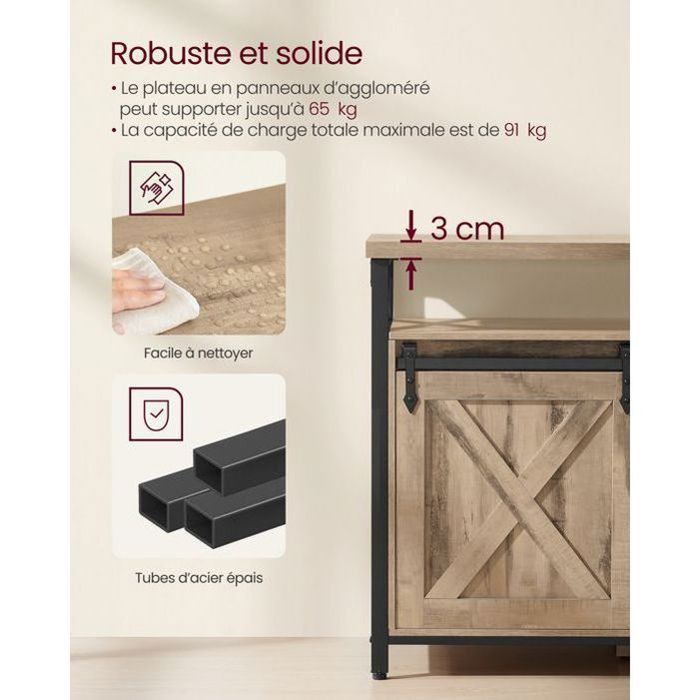 Mueble para TV de hasta 65 pulgadas, con estantes ajustables, puertas estilo granero, estructura metálica, color marrón camel y negro.