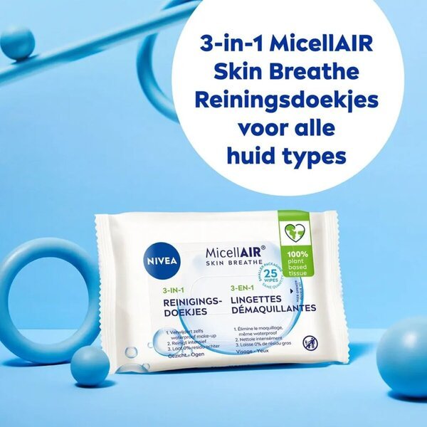 NIVEA 3 viename micelinės valomosios servetėlės „Skin Breathe“ 25 vnt.