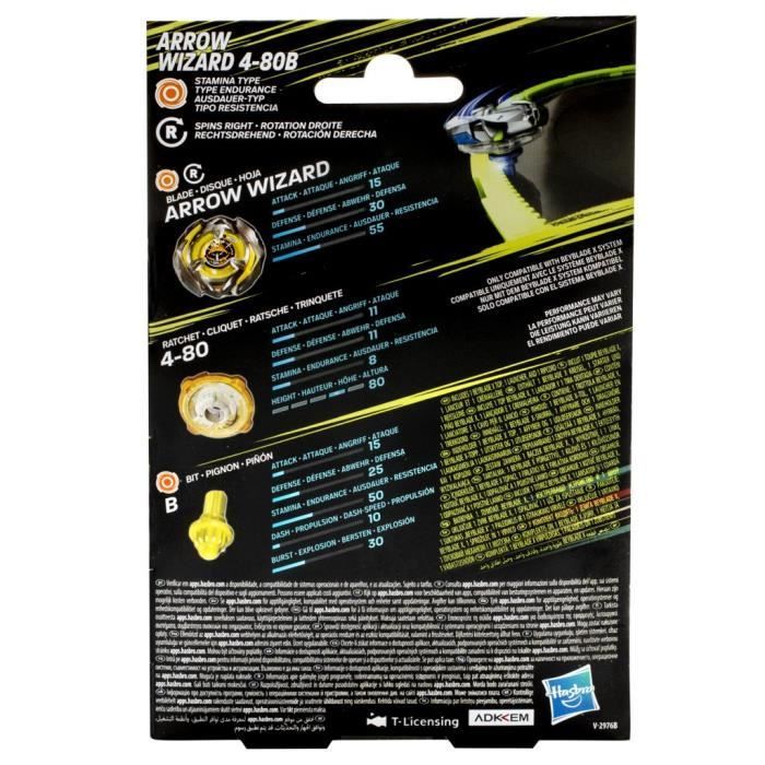 Beyblade X, Starter Pack Arrow Wizard 4-80B con trottola da competizione di tipo endurance a rotazione destra e lanciatore, da 8