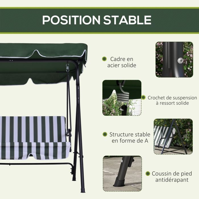 Columpio de jardín Outsunny - 3 plazas - toldo con inclinación ajustable - cojines para asiento y respaldo - 172 x 110 x 153 cm - verde
