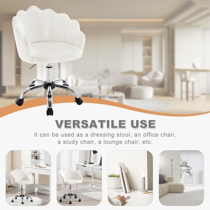 Silla de oficina giratoria WOLTU de terciopelo, silla de vestir con respaldo de pétalos, altura ajustable, blanco crema W0ATT0397