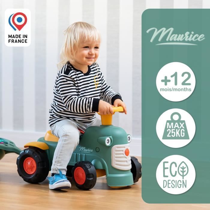 Trattore cavalcabile Maurice - FALK - Volante e rimorchio - 100% Made in France - 90% plastica riciclata - Età 12 mesi+