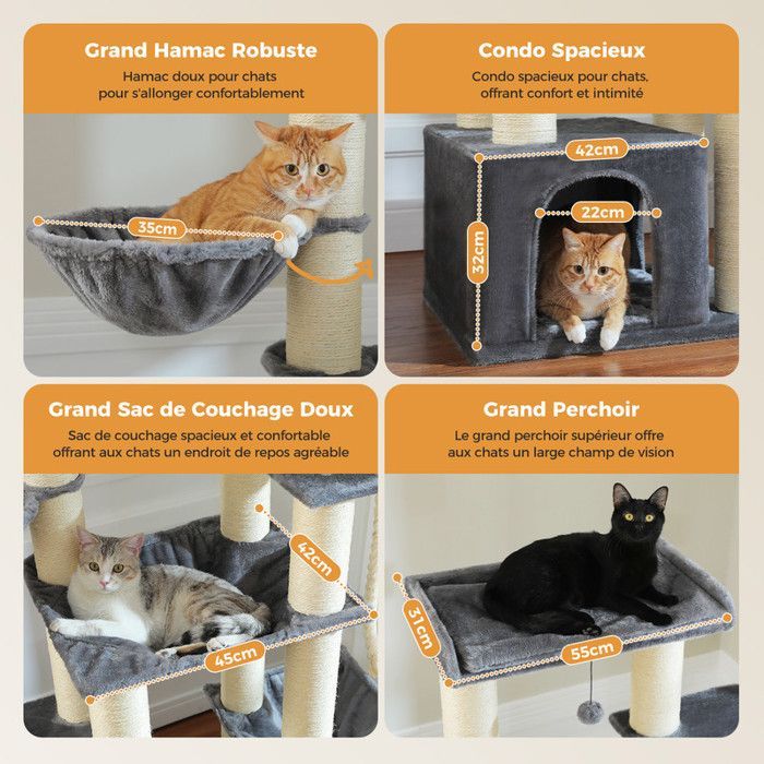PAWZ Road Large Cat Tree, Cat Tree with XXL 11cm Sisal Posts, Spacious Hammocks, Condo & Perch, 170cm, Light Grey