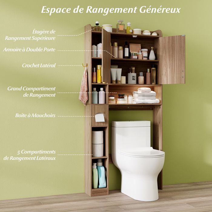 Mueble de baño sobre el inodoro COSTWAY con iluminación LED, 2 puertas y 6 compartimentos abiertos, portarrollos de papel higiénico, estante ajustable, blanco