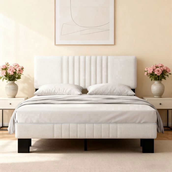 Estructura de cama doble ajustable de 140x190 cm, cabecero Ren Linen, soporte doble de metal y madera, color beige.