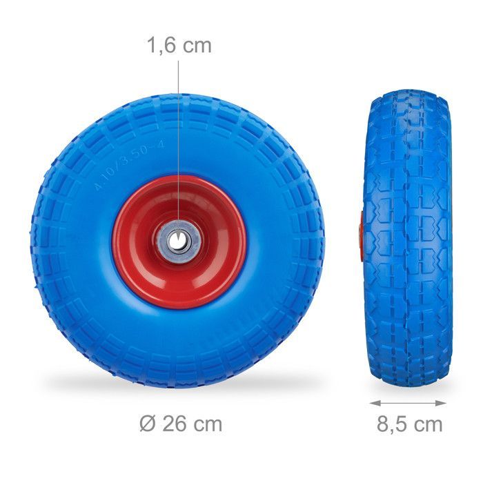 Juego de 2 ruedas para carretilla Relaxdays, de goma, 260x85 mm, antipinchazos, 16 mm, eje de 4,1/3,5-4, hasta 150 kg, azul-rojo.