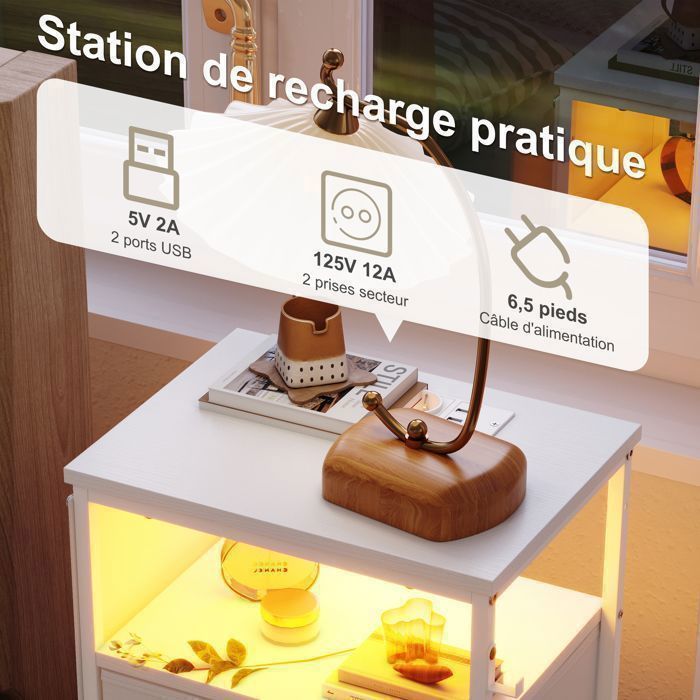 Table de Chevet Connectée 4 Tiroirs avec Prise USB & LED RGB - Table d'Appoint Multifonction pour Chambre/Salon, avec Poches, PU