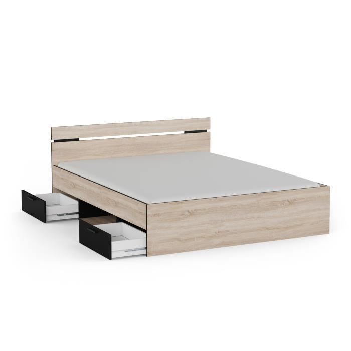 Cama doble - DEMEYERE - MICHIGAN - 160 x 200 cm - Roble cepillado y negro - 2 cajones y 1 nicho