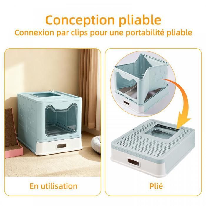 SUPFINE Bac à Litière pour Chat avec 2 Portes, Maison de Toilette Pliable pour Chat avec Couvercle et Tiroir, 41 × 51 × 38 cm