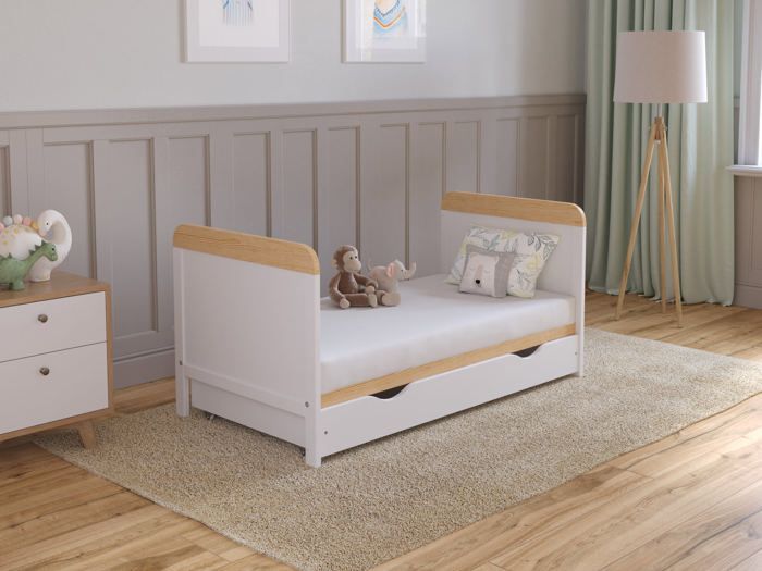 Cuna convertible con colchón - Cuna con cajón 120x60 cm Madera, Pino-Blanco