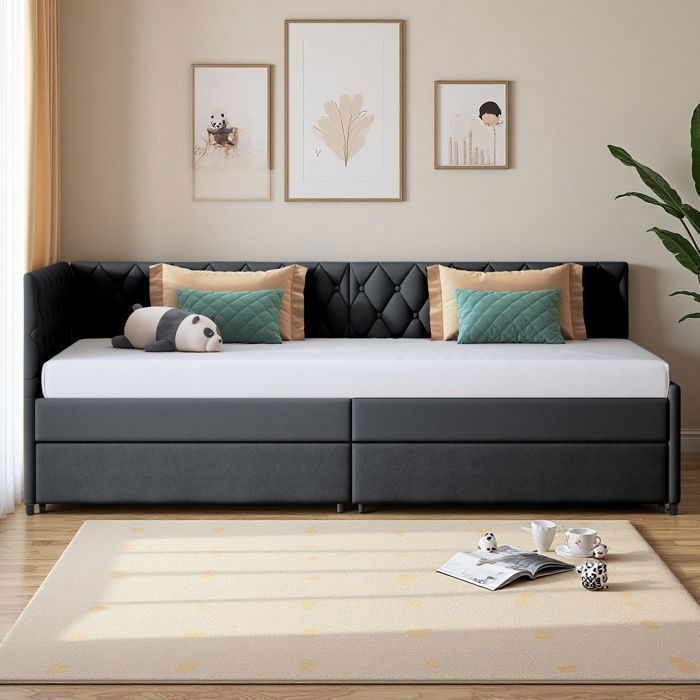 Canapé-Lit Clic-Clac 90x200 cm - Déplié 180x200 cm - Velours Gris - Structure Métal & Lattes Bois - Motif Losange Capitonné