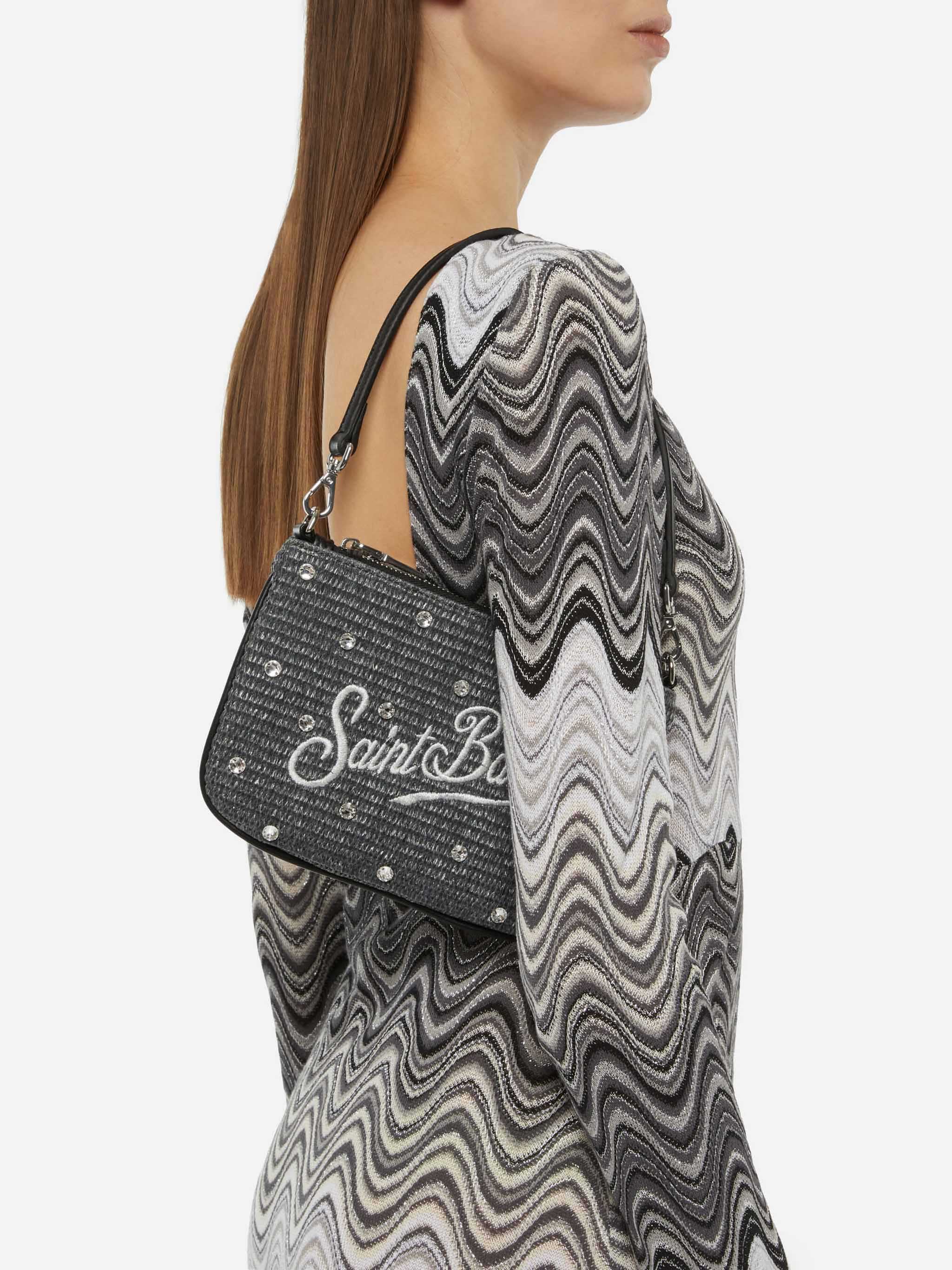 Parisienne Mini-Pouch in schwarzem Stroh-Look mit Strassverzierungen