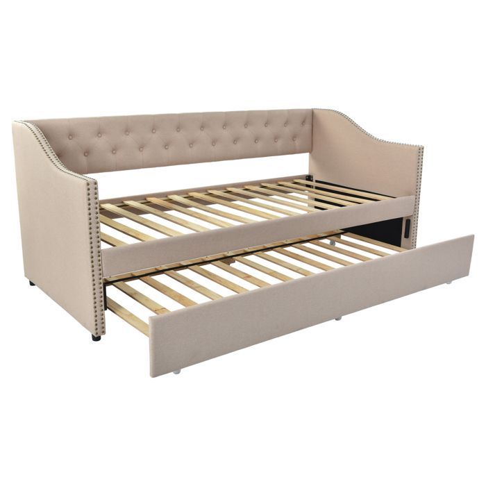 Schlafsofa – Modernes skandinavisches Design – 2-Sitzer – Leinen und Massivholz – Verwandlungsfunktion mit Stauraum