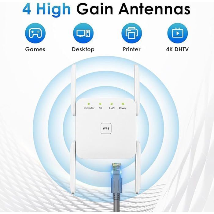 Ripetitore WiFi da 1200 Mbps – Amplificatore dual band 2,4/5 GHz con porta Ethernet, facile installazione, ripetitore di segnale compatibile