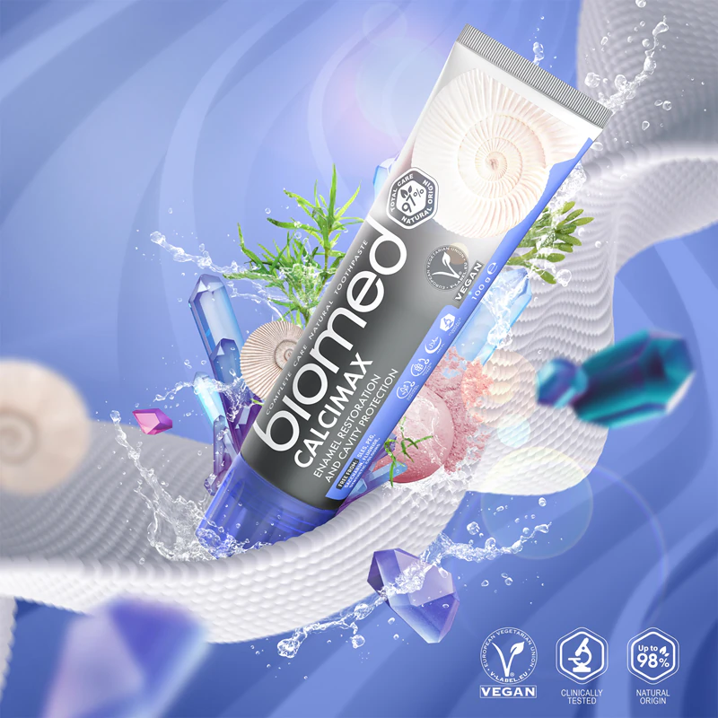 Pasta de dentes Biomed Calcimax fortalece o esmalte com extratos de algas marinhas.