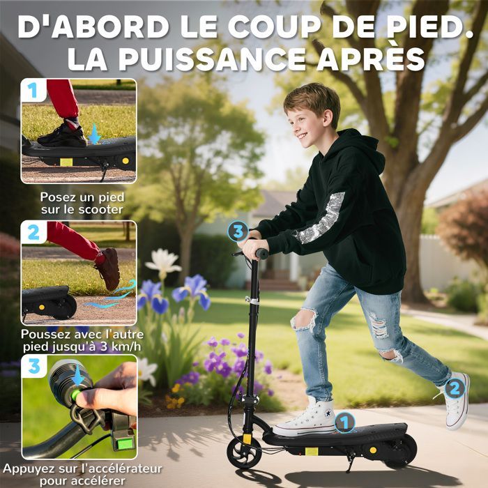 Electric scooter - HOMCOM - 120W foldable for children aged 7-14, 12 km/h, 10 km range - steel - black