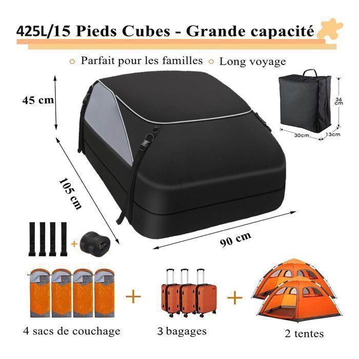 Sac de Toit Voiture - TOOLUCK - 425L - 1000D Tissu d'Oxford et PVC - Coffre De Toit Souple pour Voyage Résistant Aux Intempéries