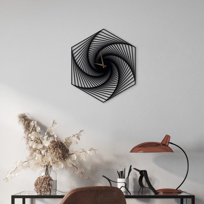 Horloge Murale - DEKORY - Spirale Hexagone - 70 cm - Acier - Noir Mat - Effet 3D