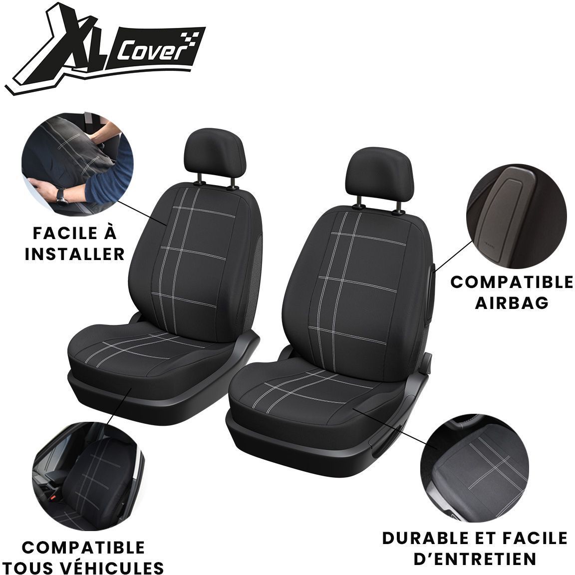 Lot de 2 housses auto avant - XLCOVER - Compatible Airbags - Noir - Housses pour sièges et appuis-tête