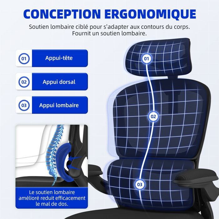 Chaise de Bureau Ergonomique,Fauteuil de Bureau , Inclinable Pivotant, Accoudoirs réglables, support lombaire, appui-tête