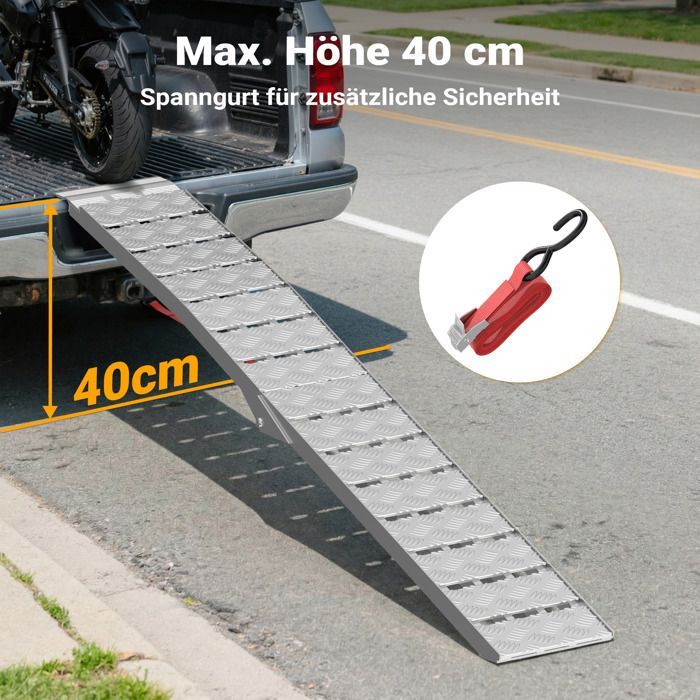 Rampa de carga plegable Wiltec – 2280 x 280 mm – Capacidad máxima 680 kg – Aluminio – con correa – para motocicleta, ATV, quad – Rampa