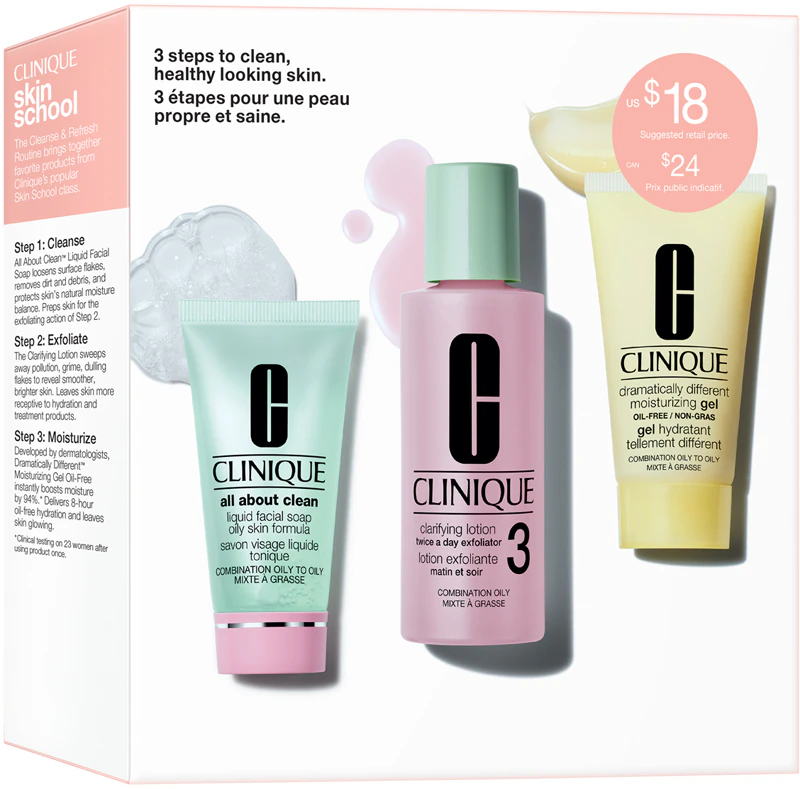 Kit de cuidados com a pele Clinique em 3 passos, tipo de pele 3, ideal para pele oleosa e mista.