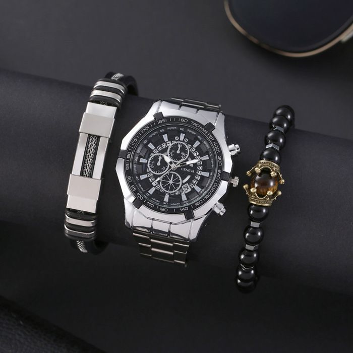 Conjunto de regalo SHARPHY para hombre: reloj + pulsera de perlas - Cronógrafo con calendario, pulsera de acero plateado, regalo de cumpleaños.