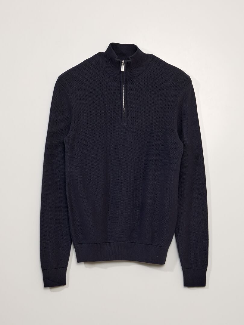 Katoenen trui met hoge kraag en ritssluiting - BLAUW