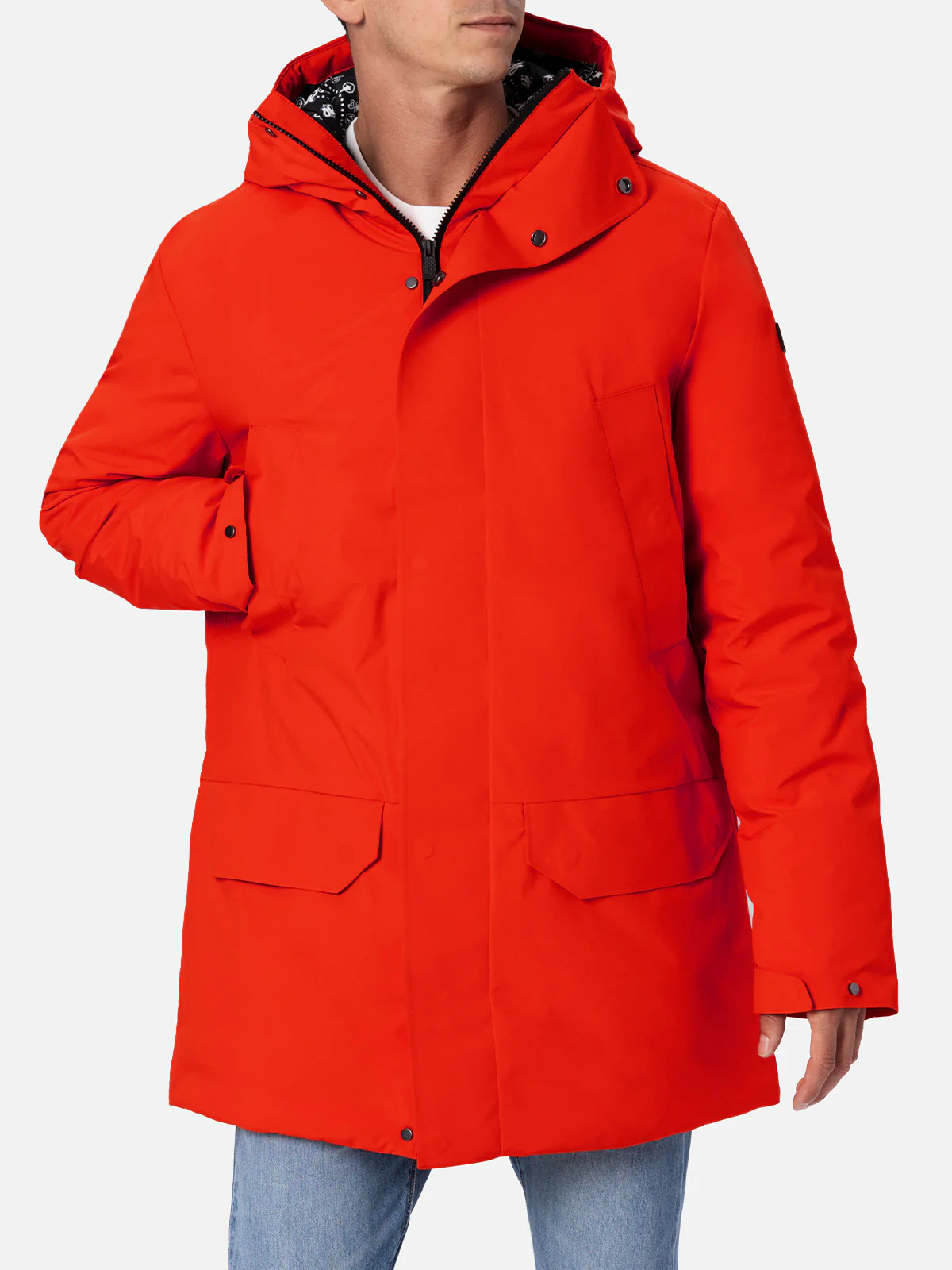 Parka naranja con capucha para hombre y forro de bandana.