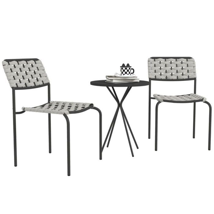 Conjunto de muebles de jardín de ratán sintético gris de 3 piezas con mesa y 2 sillas apilables, resistente a la intemperie.