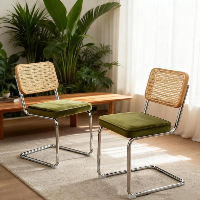 Lot de 2 Chaises Salle à Manger Vert – Velours/Rotin – Piètement Chrome – Style Breuer – 53x46x85 cm