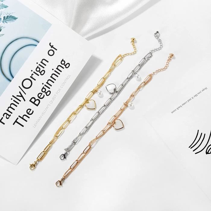Pulseira feminina com corrente dupla, pingente de coração e conta de aço inoxidável.