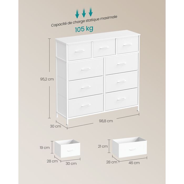 Commode 9 Tiroirs - Acier - Blanc Nuage et Blanc Neige - Polyvalente - Robuste - Montage Facile
