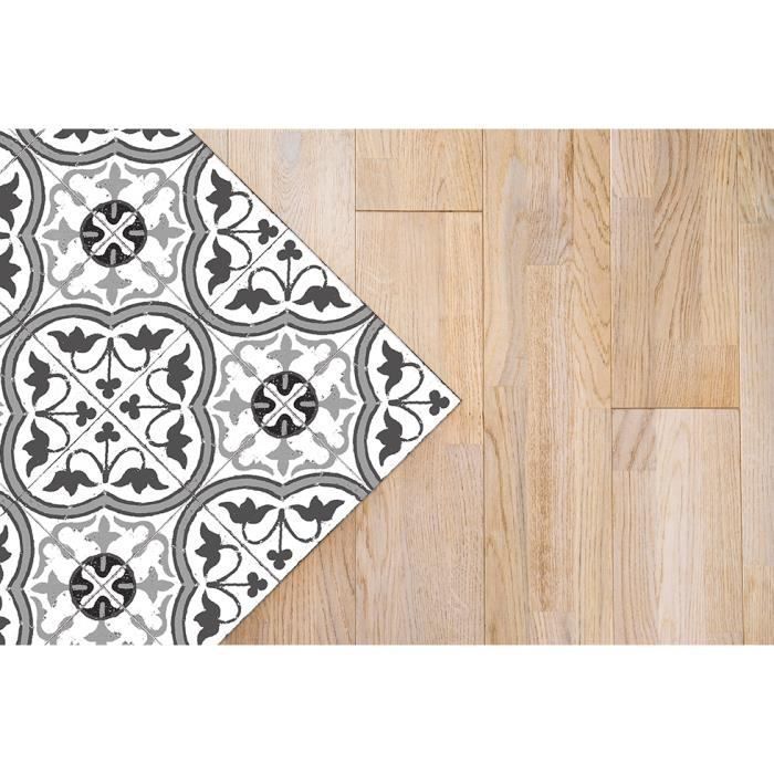 Panorama-Vinylteppich mit Zementfliesen- und Blumenmuster, Grau, 160 x 230 cm - PVC-Teppich für Küche, Büro und Wohnzimmer