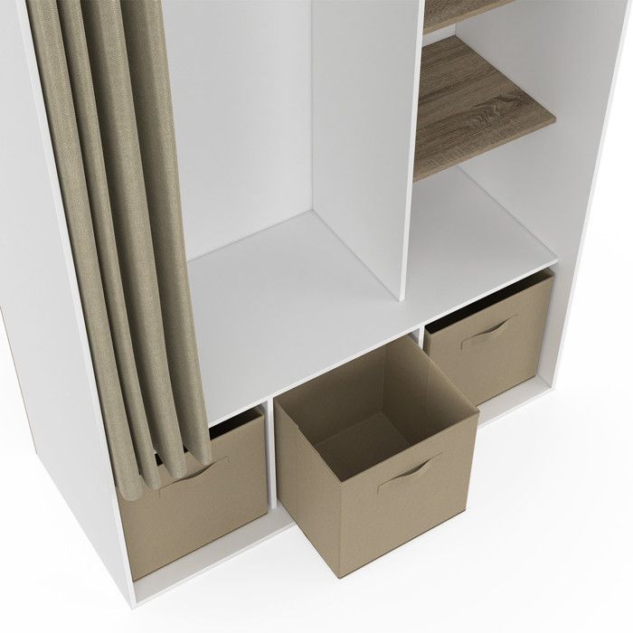 IDMARKET Dressing penderie DIANE 105 x 45 x 167 cm blanc avec étagères + boites de rangement + rideau taupe