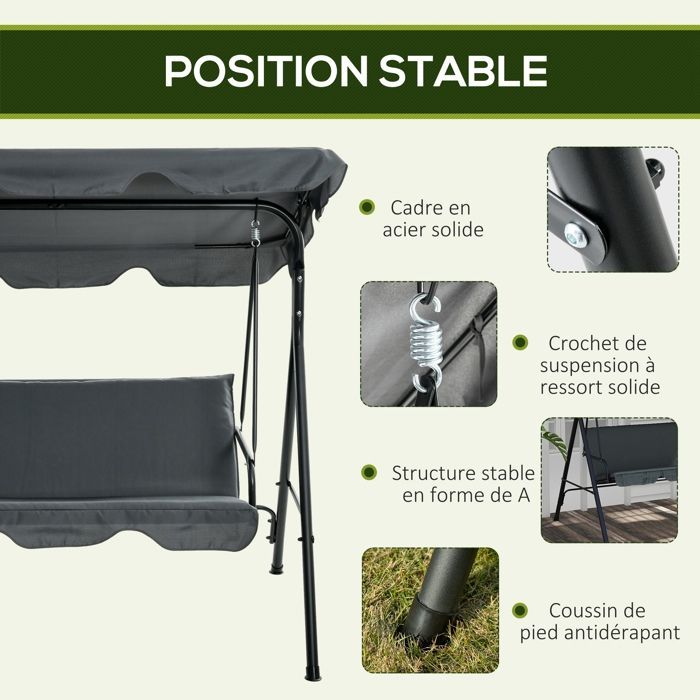 Outsunny - Balancelle de jardin - Métal - 172x110x153cm - Gris