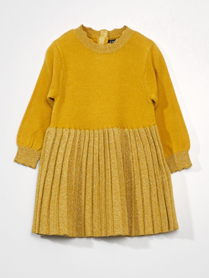 Vestido bicolor com tecido de tricô e saia plissada - AMARELO