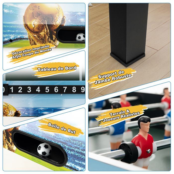 Mesa de futbolín infantil 2 en 1 - DREAMADE - Patas desmontables - 14 jugadores bicolor y 2 pelotas - Mango ergonómico - 94 x 51 x 68,5 cm