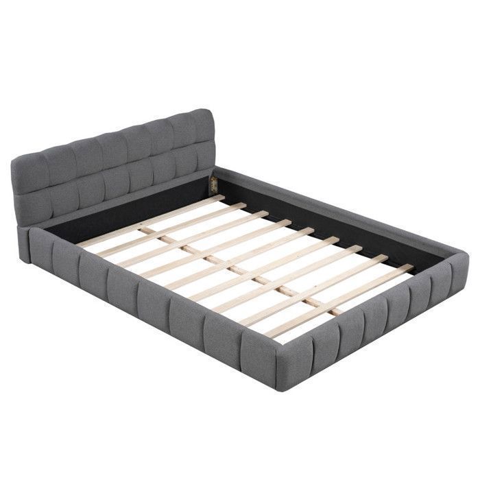 Cama de 140 x 190 cm con cabecero y somier de láminas, cama doble, cama tapizada a ras de suelo, estructura de cama de 140 x 190 cm con somier de láminas, lino, gris