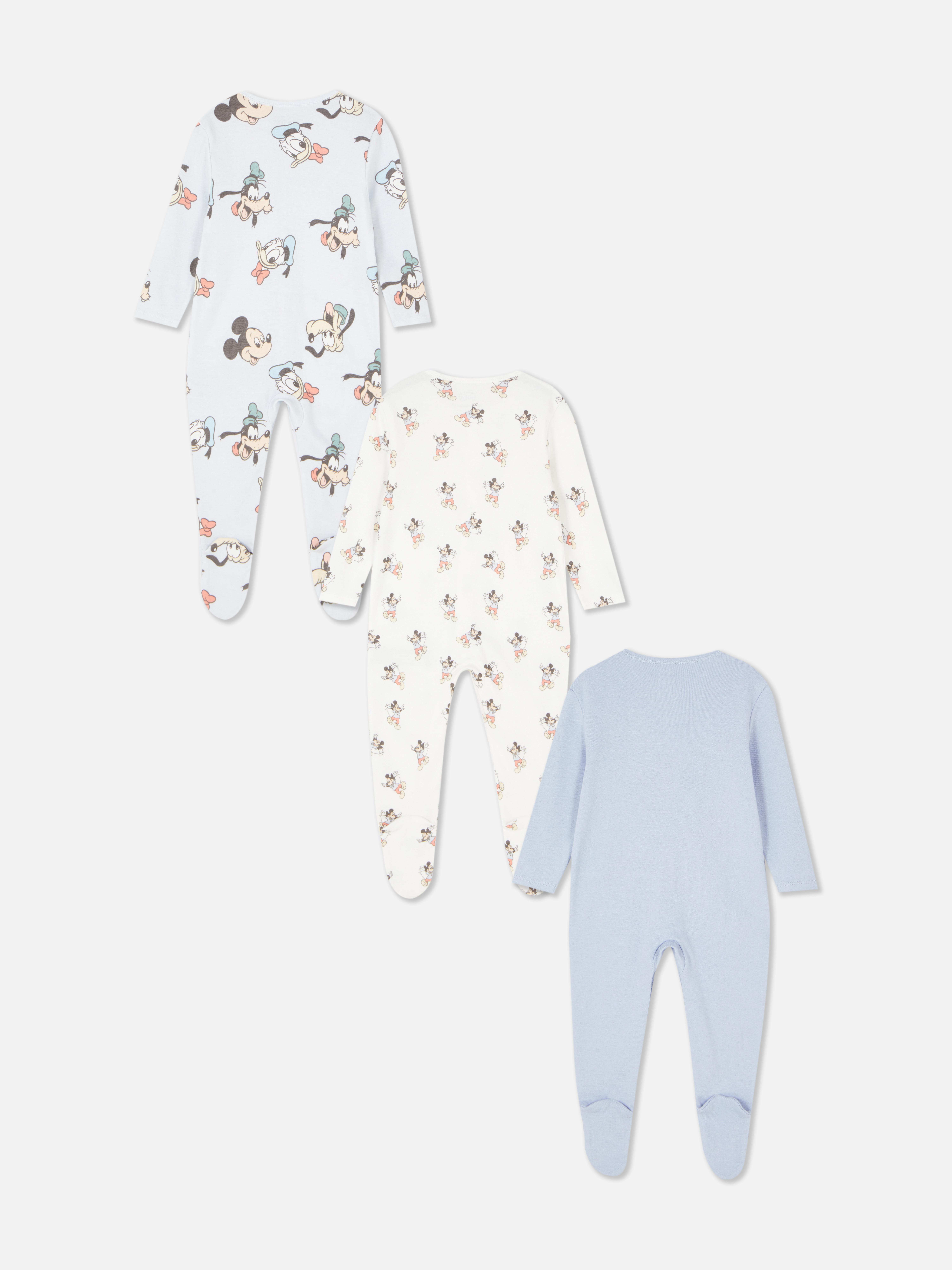 Pijamale Disney Mickey Mouse, set de 3 salopete Disney pentru bebeluși cu mâneci lungi, închidere cu nasturi și piciorușe atașate