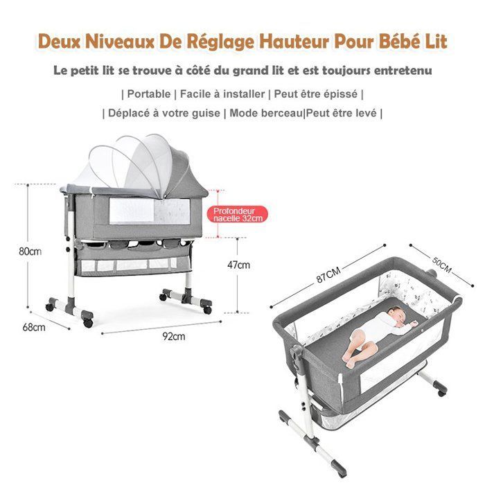 Cuna colecho para bebés de 0 a 36 meses, altura ajustable, con colchón, mosquitera, cesta de almacenamiento y ruedas - Gris