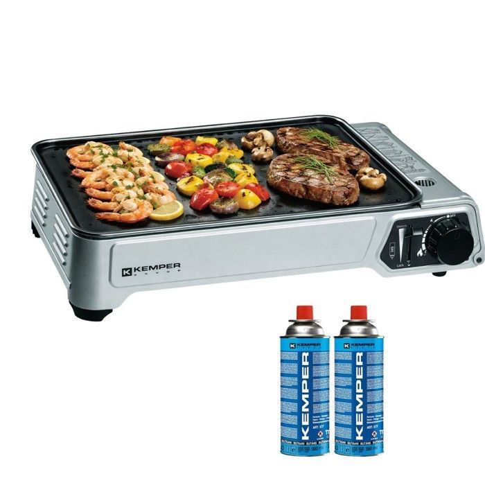 Plancha à gaz portable 2300W + 2 cartouches de gaz + Valise de transport KEMPER