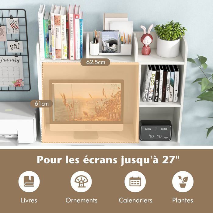 COSTWAY 3-Tier Bookshelf, 94x25x74 CM, Desk Organizer with 2 Anti-Tip Devices, White