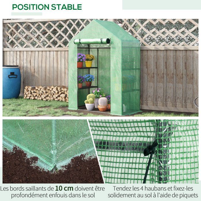 Outsunny Gartengewächshaus – mit 3 Regalböden – verstärkte PE-Folie (140 g/m²) und Stahlrahmen – für Gemüse und Blumen – Grün