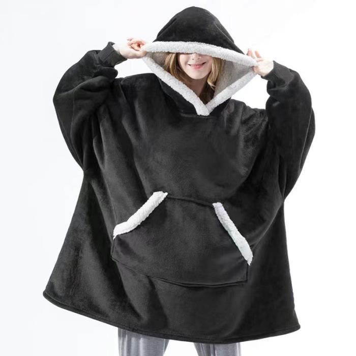 Jersey de manga larga a cuadros con capucha y bolsillo, sudadera con capucha de felpa cálida con bolsillo, 80x110cm, negro