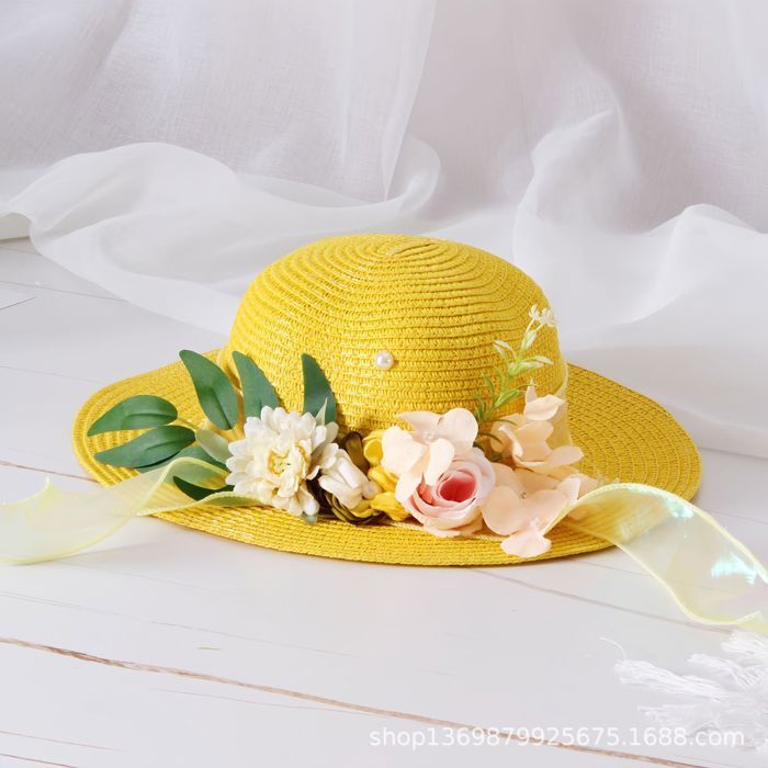 Sombrero para niña - FUNMOON - Conjunto de dos piezas - Estampado floral - Paja - Blanco